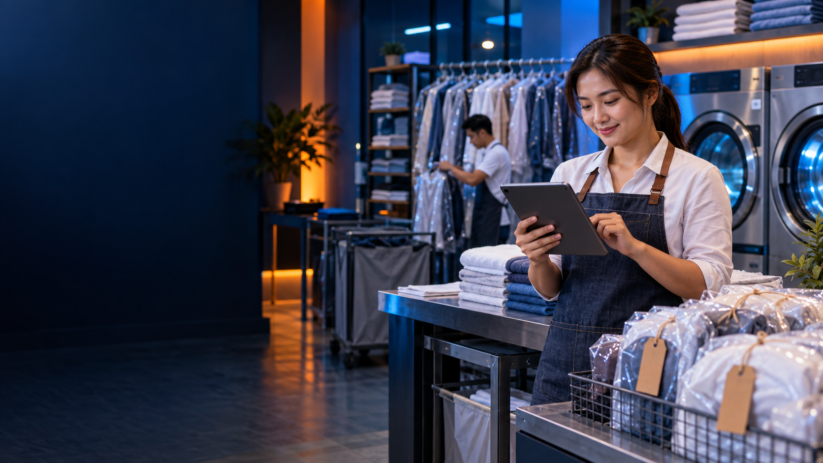 Laundry staff organizing clean garments using a tablet